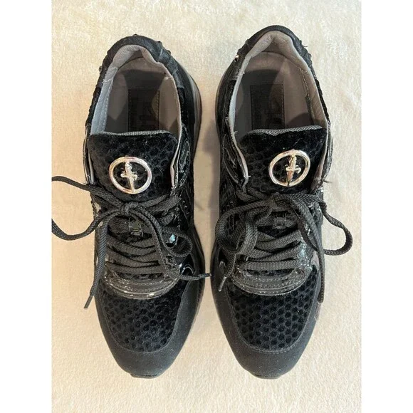 CESARE PACIOTTI BLACK Velvet 6 US LEATHER Suede Rhinestone SNEAKERS 35 1w AD - Picture 5 of 10